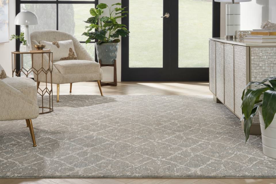 grey and white patterned area rug in living room with gold and silver accents